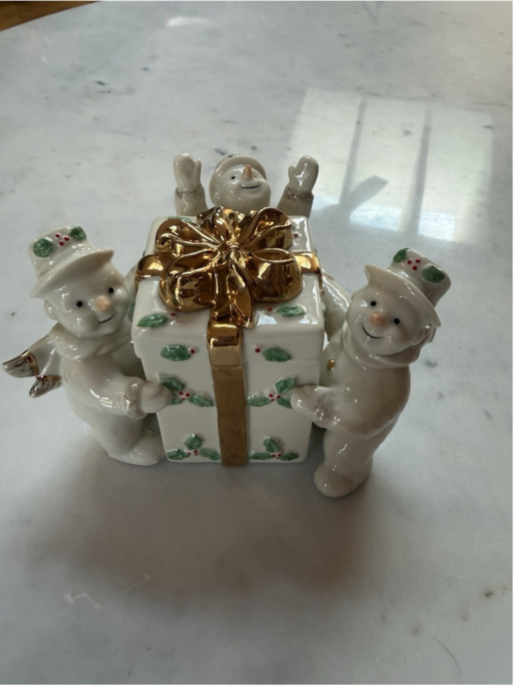 Vintage Mikasa Ribbon Holly FK017/603 Snowman Covered Box Gold Bow Christmas